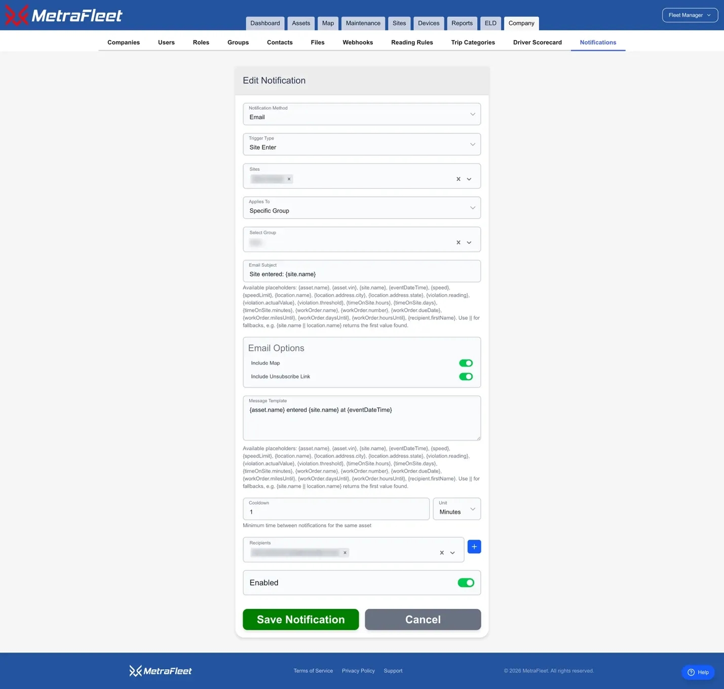 Alert configuration with trigger selection, recipients and a customisable message using live placeholders
