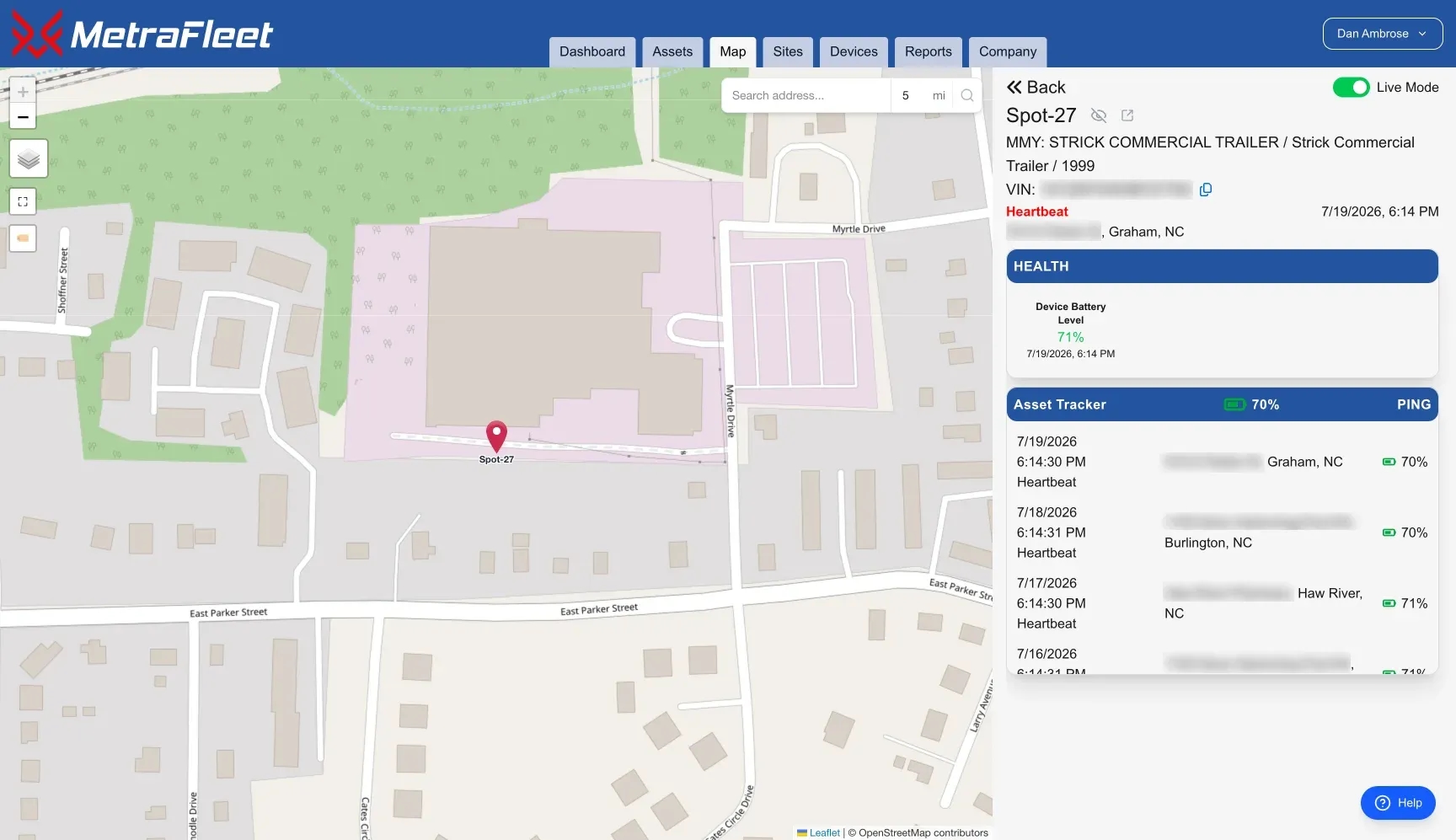 MetraFleet map view of a tracked trailer showing its location, device battery level, and a history of location pings