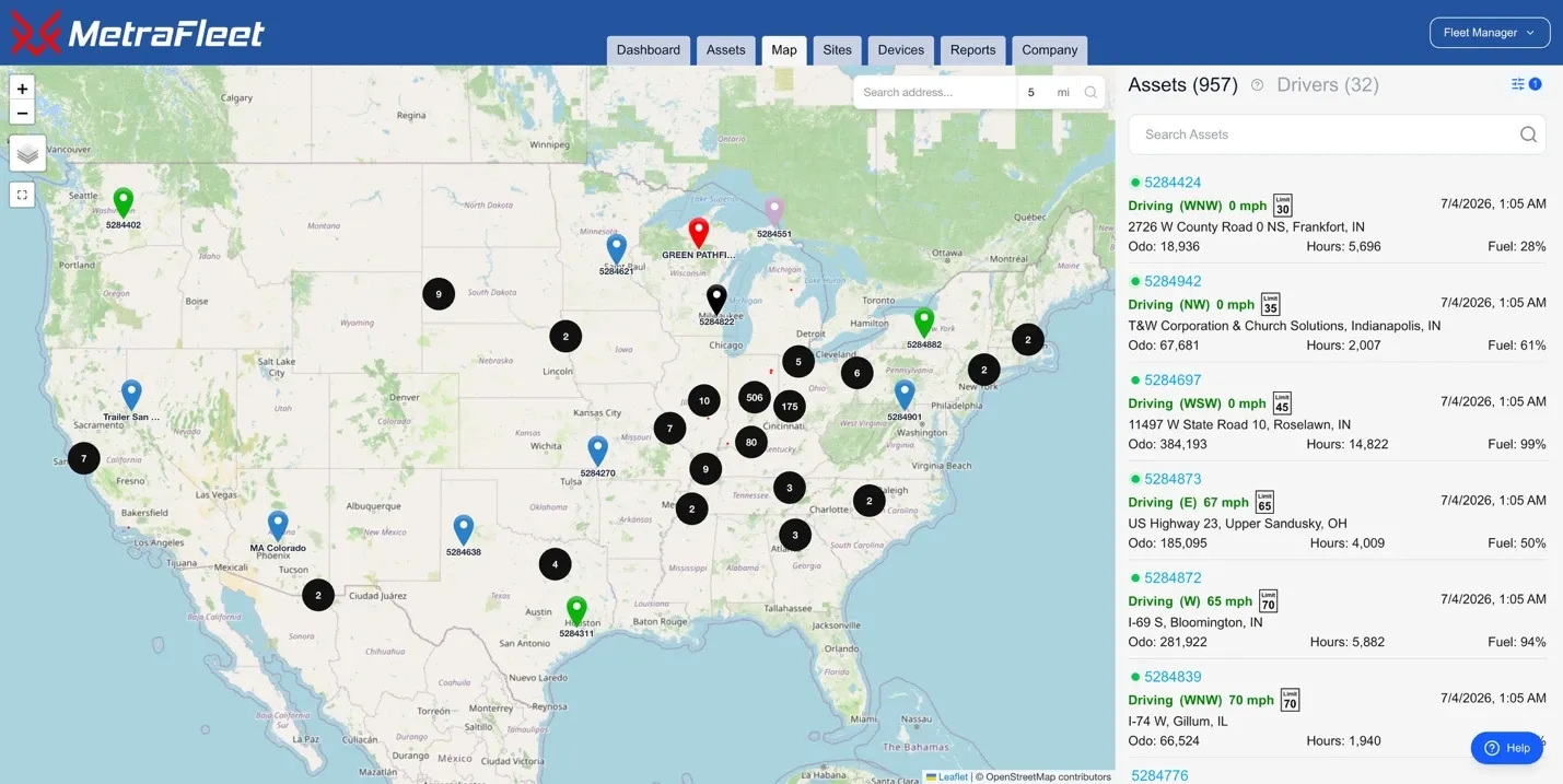 MetraFleet live map showing 957 tracked assets across the United States with a searchable asset list