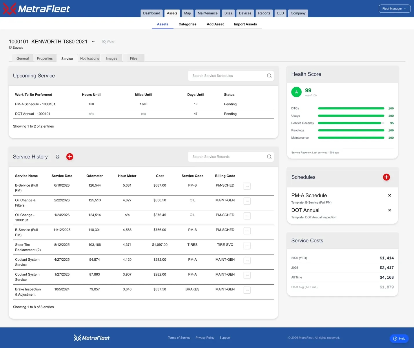 Vehicle service view predicting upcoming maintenance with full service history and costs
