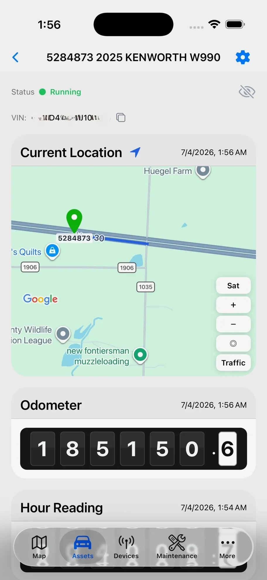 MetraFleet mobile app asset detail with location, odometer, hours and status