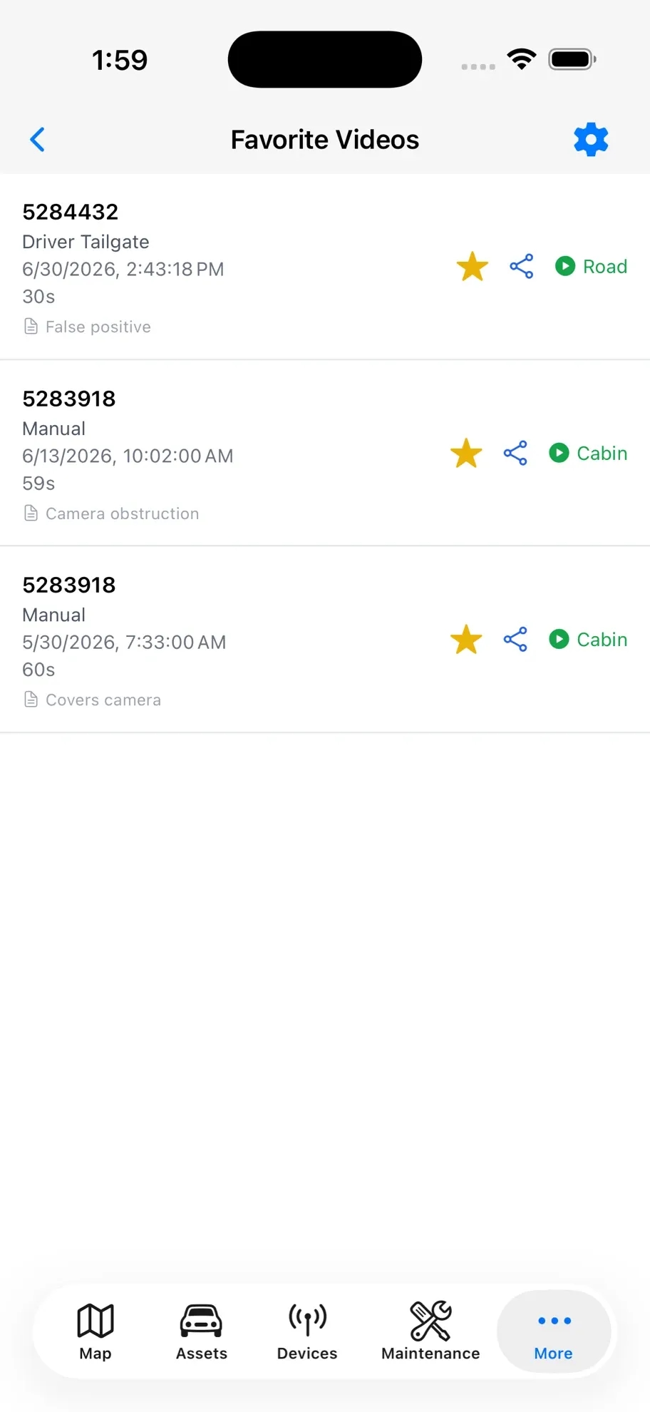 Mobile app favourites list of starred dash camera clips ready to share