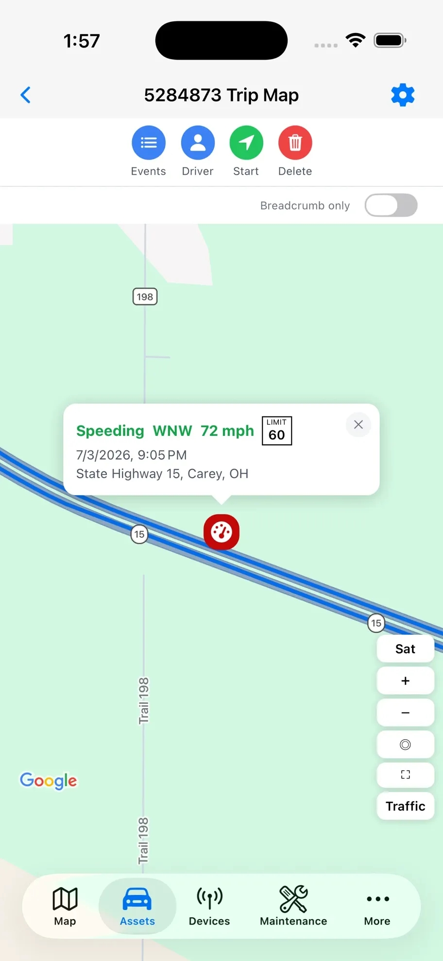 Mobile trip map with a speeding event pinned at the exact location, showing 72 mph in a posted 60