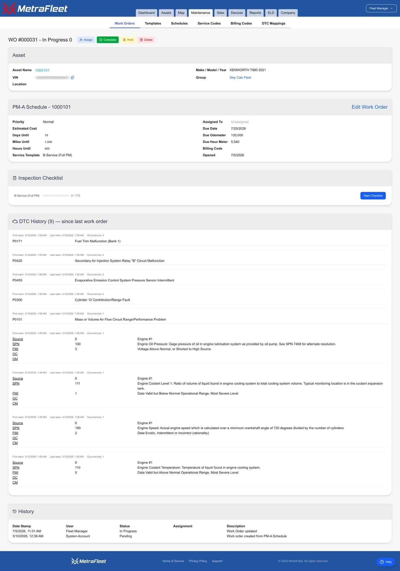 Work order with due dates, meters, priority, inspection checklist and decoded fault codes